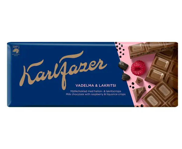 Karl Fazer Raspberry & Liquorice milk chocolate 200 g - Deli de Paula